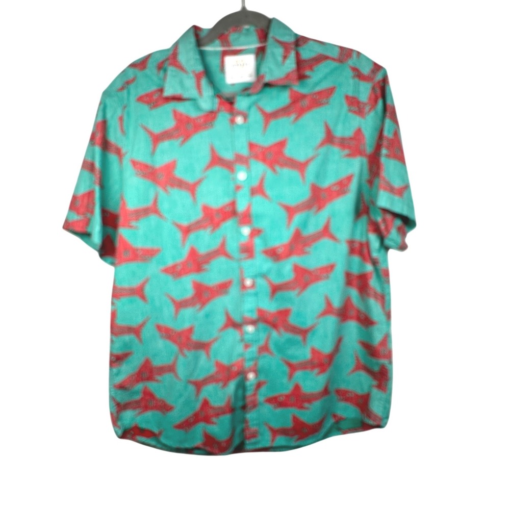ZIPCODE Mens Short Sleeve Button Up Shirt Teal Red Shark Print Casual XL Hipster